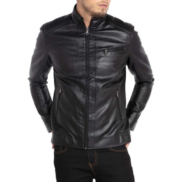 Men's Black1301 Stand Collar Leather Motorcycle Lightweight Faux Leather Jacket - Picture 5 of 7